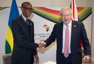 UK's Foreign Secretary Boris Johnson greets the President of Rwanda Paul Kagame in London in 2018 [File: Aaron Chown via Reuters]